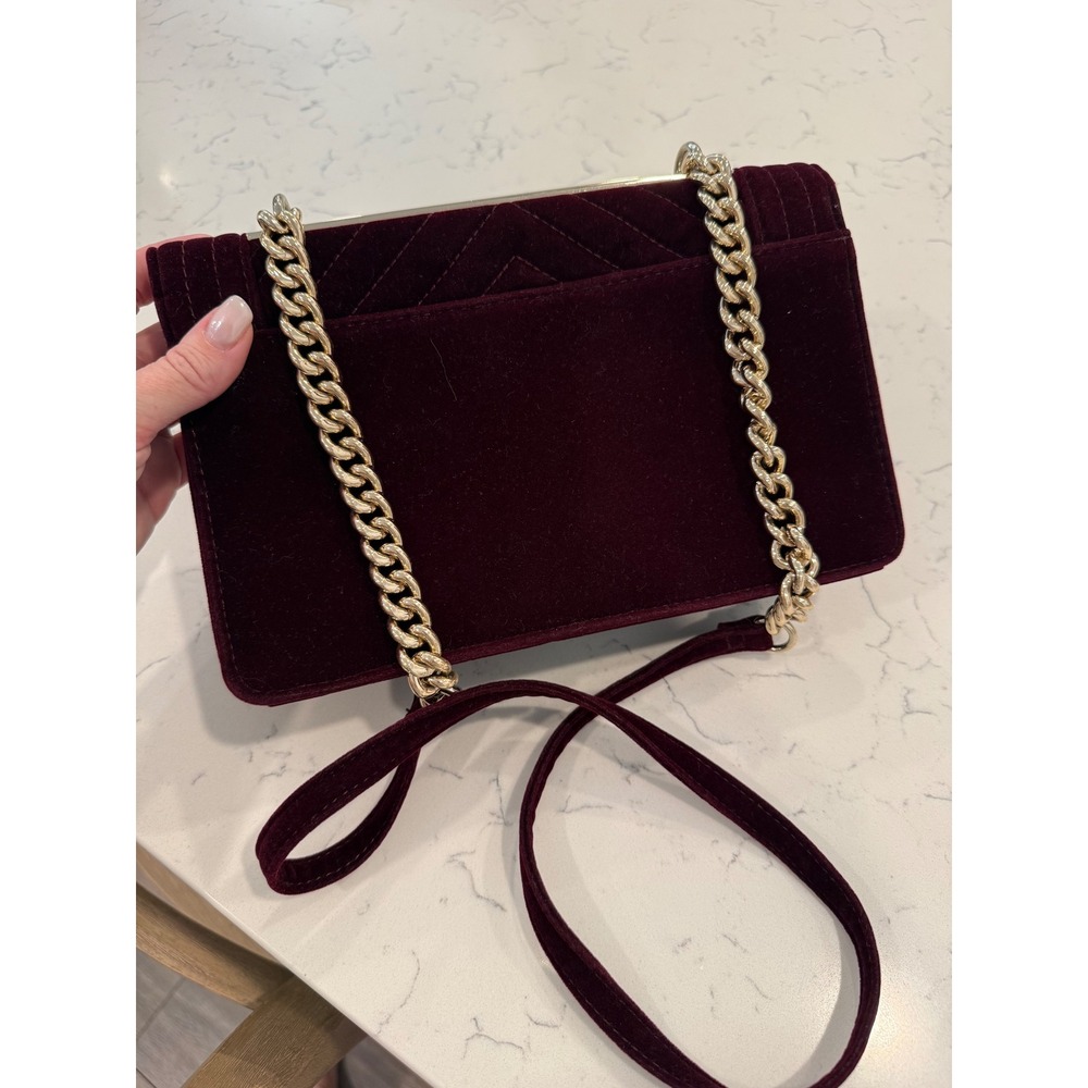 Apt 9 Maroon Velvet Chevron Quilted Crossbody Bag Gold Chain Burgundy Evening - Picture 7 of 7